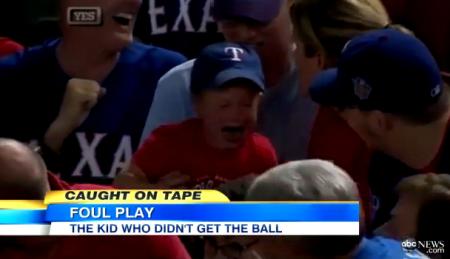 Crying Rangers Fan Loses Foul Ball to Adults